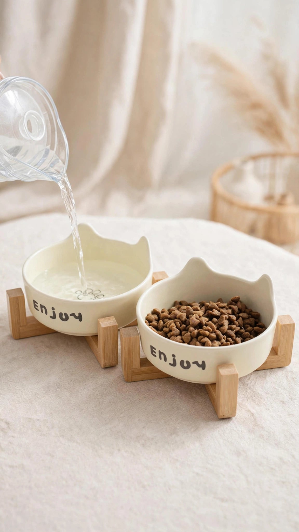 Non-Slip Double Ceramic Pet Bowl Set with Rack