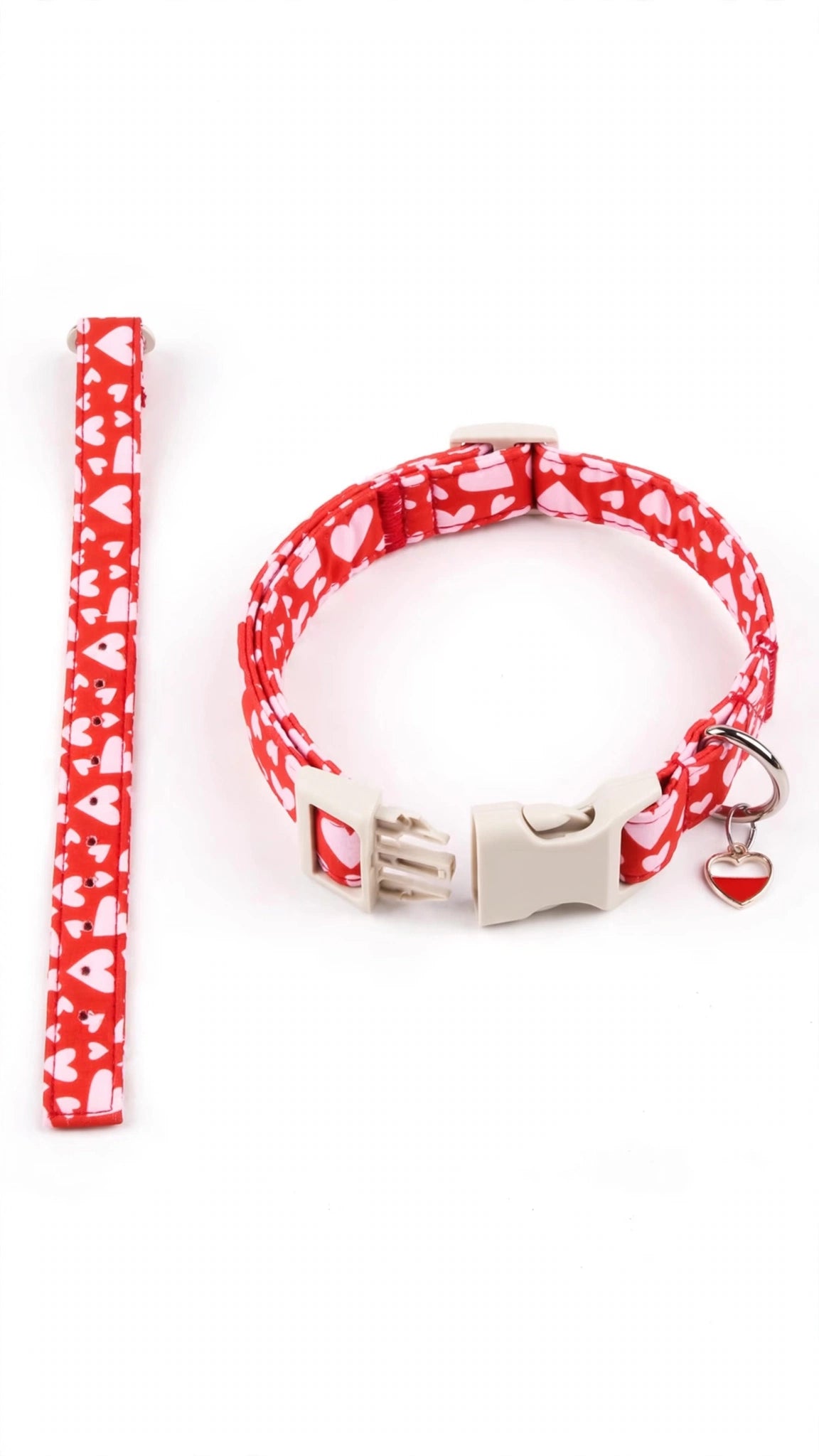Heart Print Dog Collar & Reflective Leash Set with Heart Charm