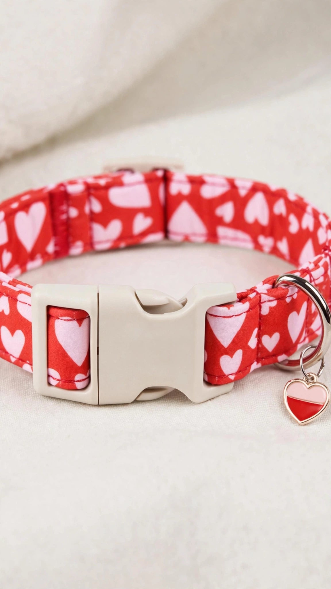 Heart Print Dog Collar & Reflective Leash Set with Heart Charm