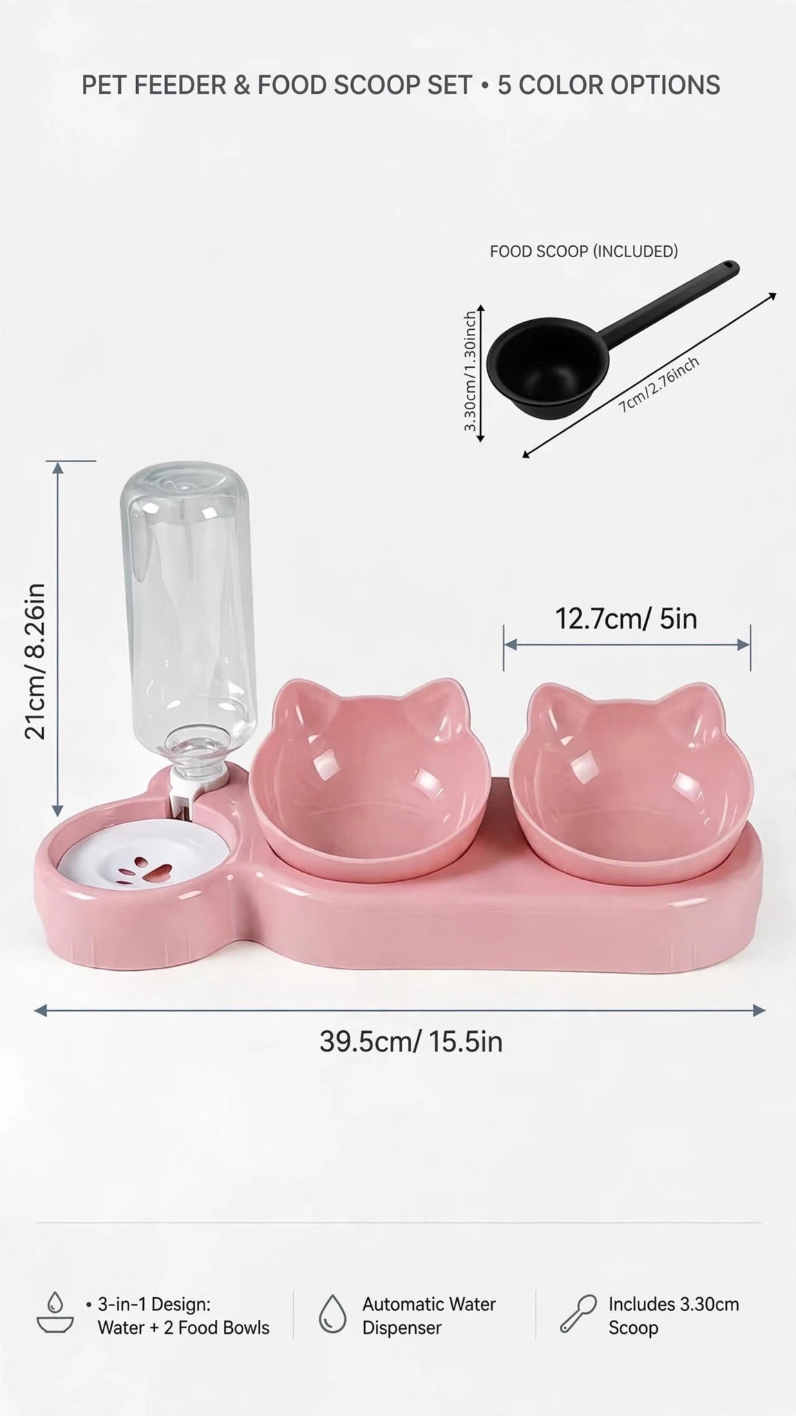 3-in-1 Raised Cat & Small Dog Bowl Set with Water Dispenser