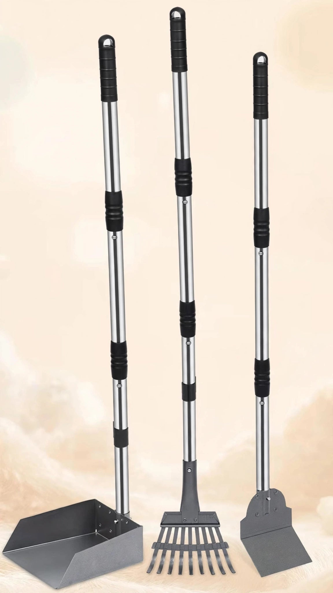3-Piece Dog Pooper Scooper Set – Adjustable Long Handle, Metal Rake, Spade & Tray for Lawns, Grass & Gravel