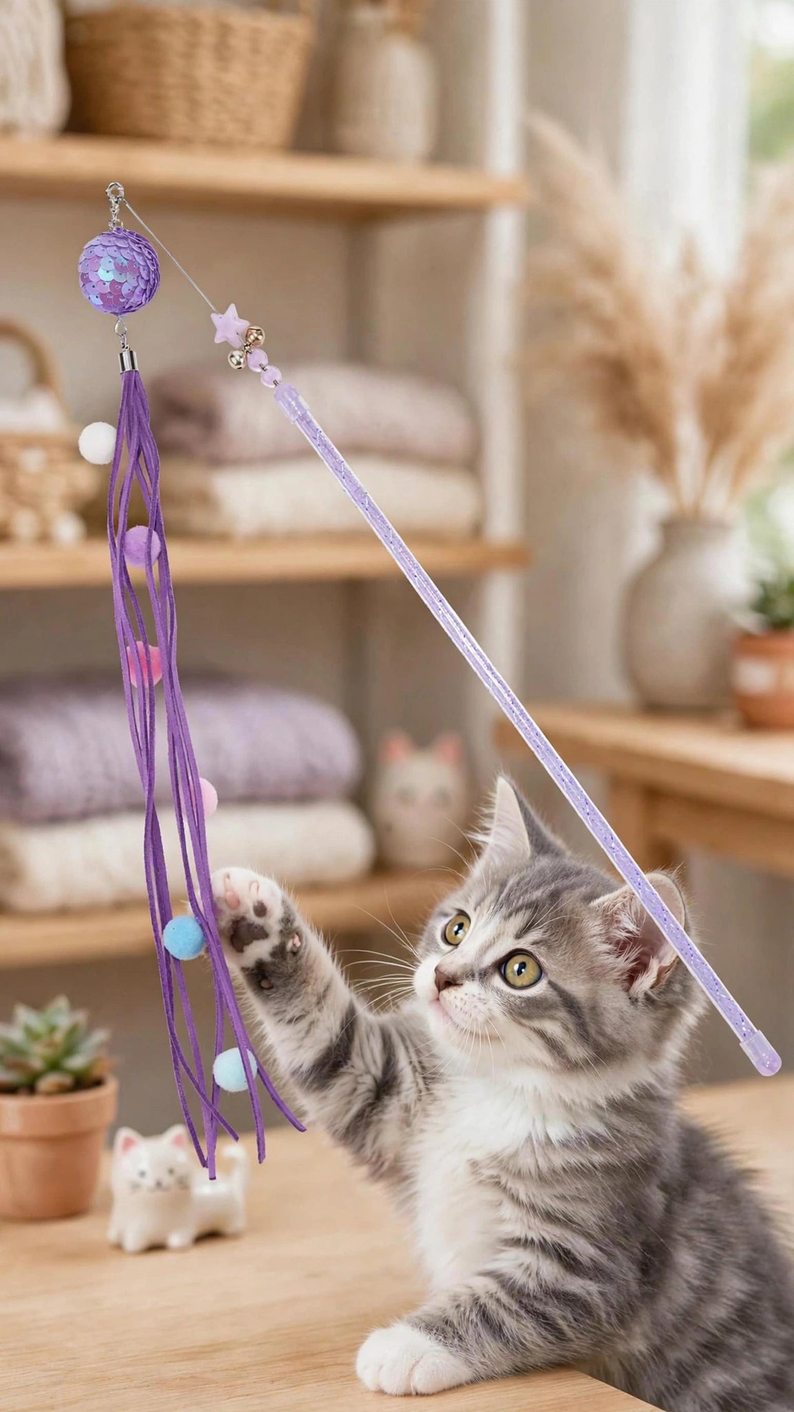 Interactive Cat Teaser Wand with Bell, Tassels & Hanging Balls – Random Colour
