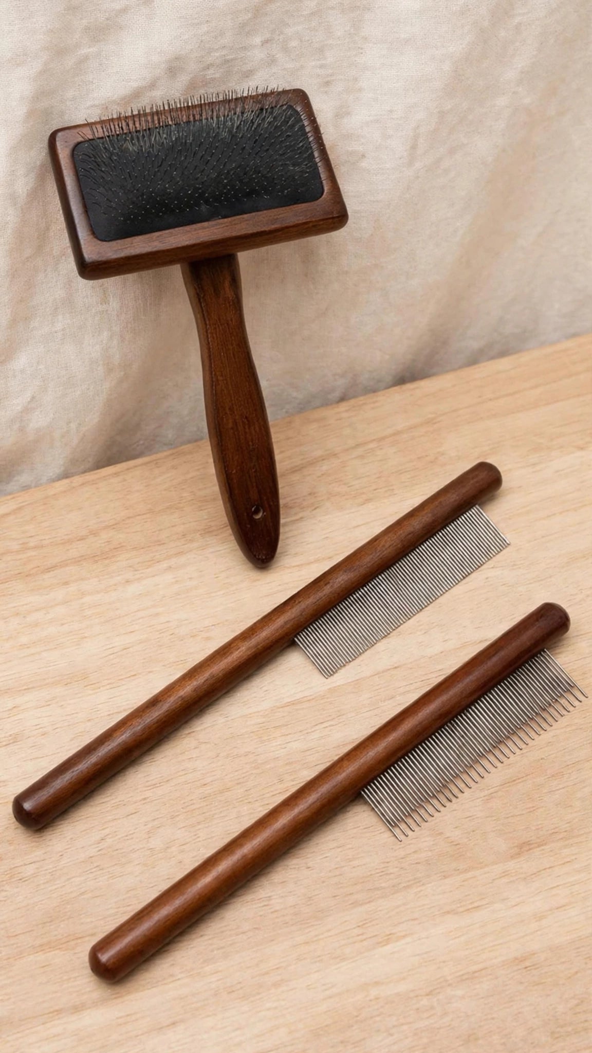 3-Piece Dog Grooming Brush Set with Wooden Handles – Deshedding & Dematting Pin Combs for Dogs and Cats