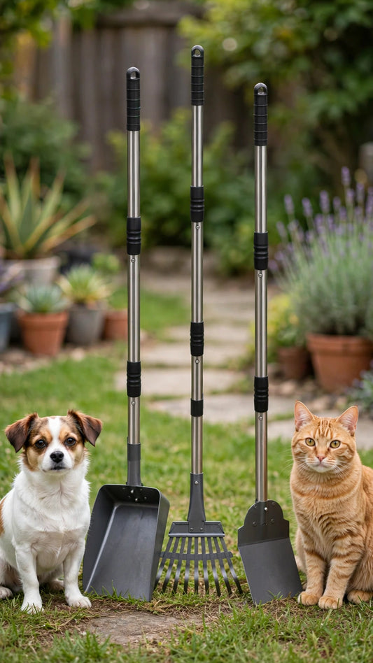 3-Piece Dog Pooper Scooper Set – Adjustable Long Handle, Metal Rake, Spade & Tray for Lawns, Grass & Gravel
