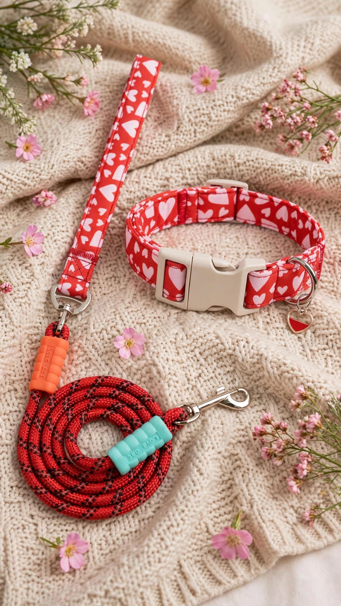 Heart Print Dog Collar & Reflective Leash Set with Heart Charm